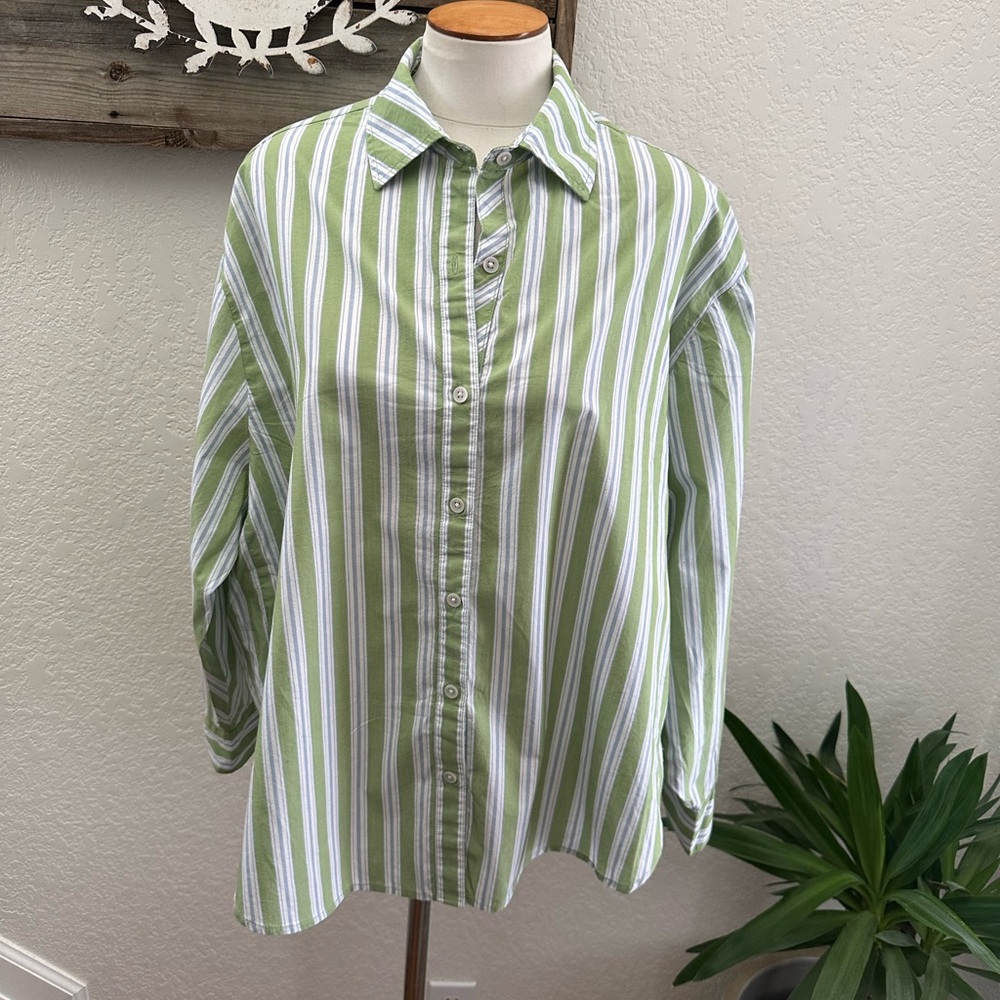 Aerie Green and‎ White Striped oversized. Button down Shirt XS NWT